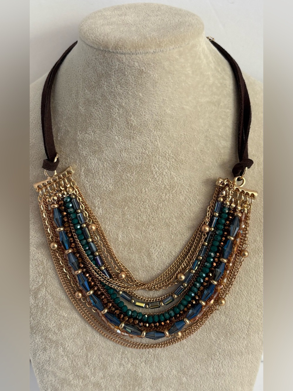 Teal Bead & Gold Multi Strand Statement Necklace Layered Boho Necklace